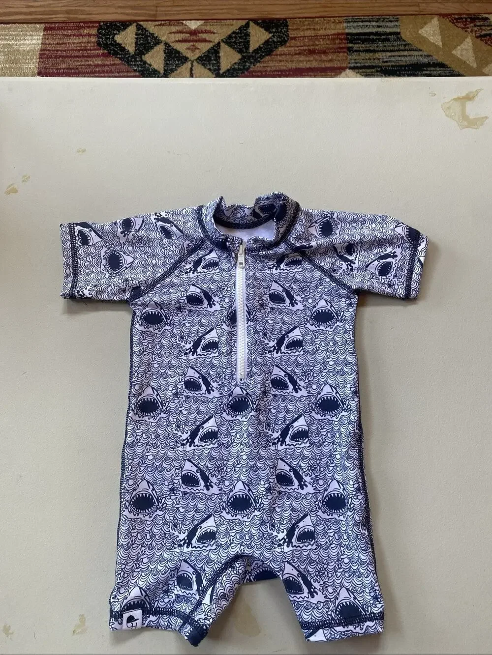 George Hats Kids Shark Print Rash Guard One Piece Swimsuit Navy White 3-4T USA